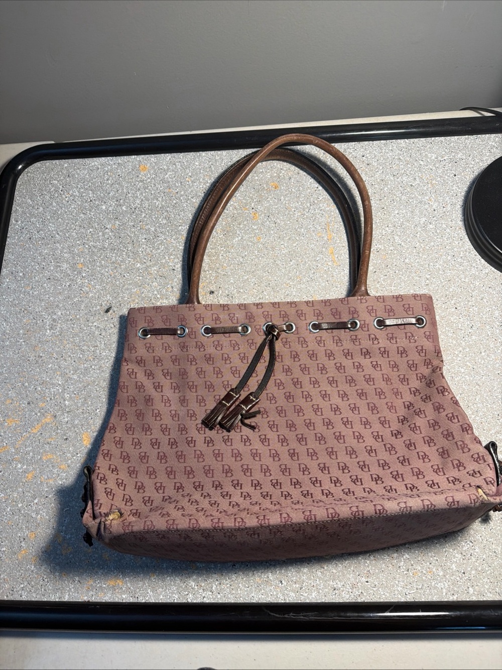 Dooney & Bourke Brown Monogram Shoulder Tote with Tassel